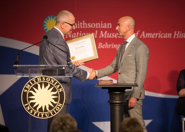 Jeff Bezos (right) was presented with the James Smithson Bicentennial Medal by Smithsonian Secretary Dr. David Skorton.