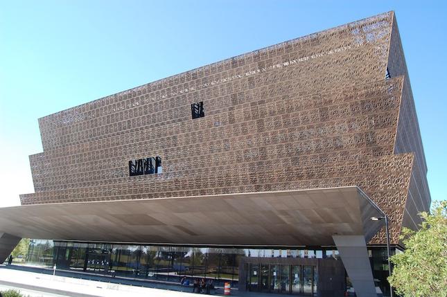 The exterior of the soon-to-open National Museum of African American History and Culture.