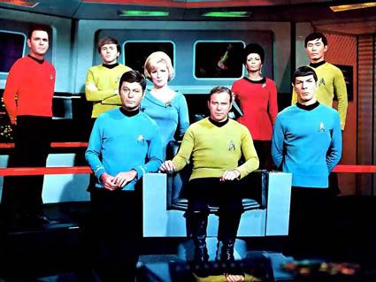 "Star Trek" cast in 1968 (left to right): James Doohan, Walter Koenig, DeForest Kelley, Majel Barrett, William Shatner, Nichelle Nichols, Leonard Nimoy and George Takei.