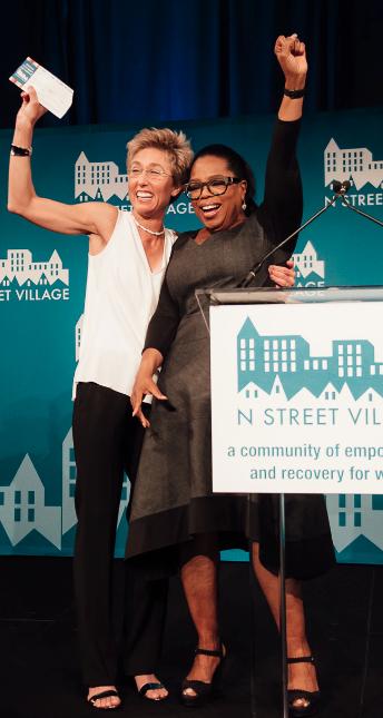 N Street Village Executive Director Schroeder Stribling thanks Oprah Winfrey after her $1 million gift announcement.