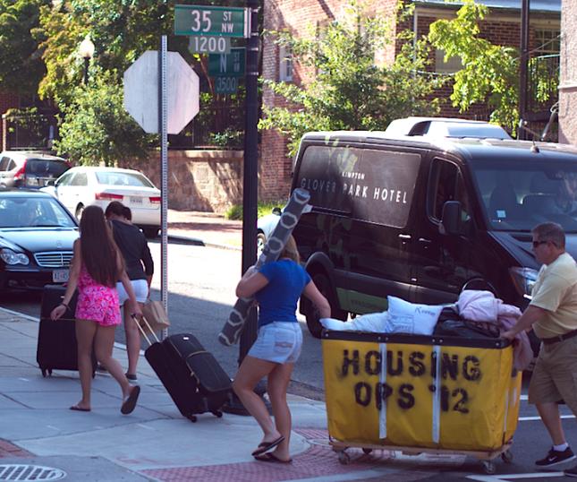 On Sunday, students and their parents were seen lugging items to the Georgetown University dormitories at 35th and N Streets NW.