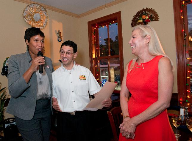 Mayor Muriel Bowser, Los Cuates co-owner Luis Merchan and GBA President Sonya Bernhardt.