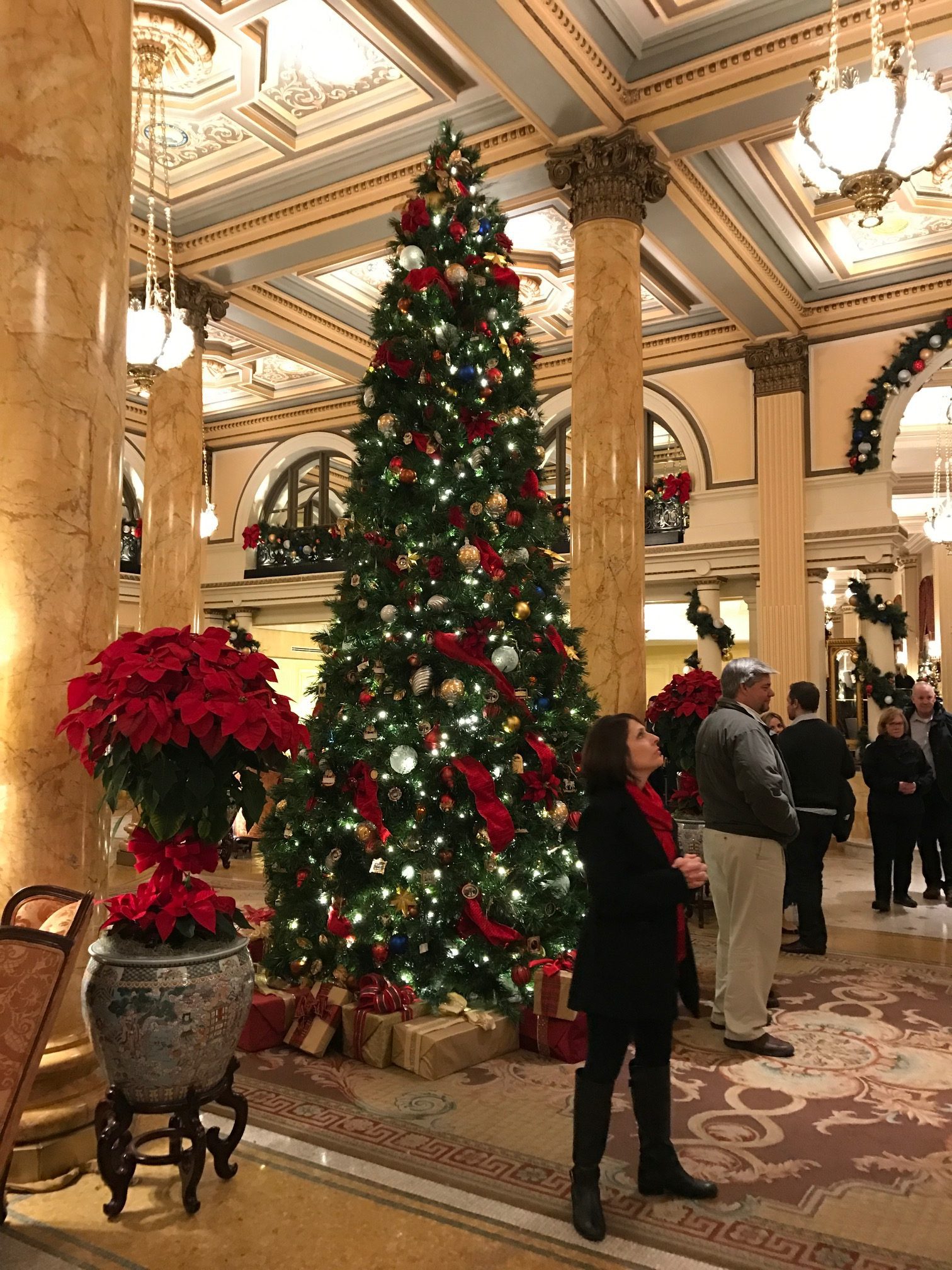The stately Christmas tree in the lobby of the Willrd Hotel - where the word, "lobbyist," originated. (Photo by: Peggy Sands)