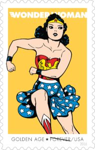 Art by H.G. Peter. In the last row of stamps, Wonder Woman from the Golden Age bursts onto the scene as originally envisioned by creator William