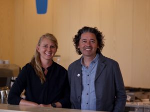 Georgetown store manager Kelsey Knutson and Bryan Meehan, CEO of Blue Bottle Coffee: “In a city that commemorates the past and legislates the future, it’s good to take a moment in this new light-filled café to exist in the present.” Photo by Andy Cline.